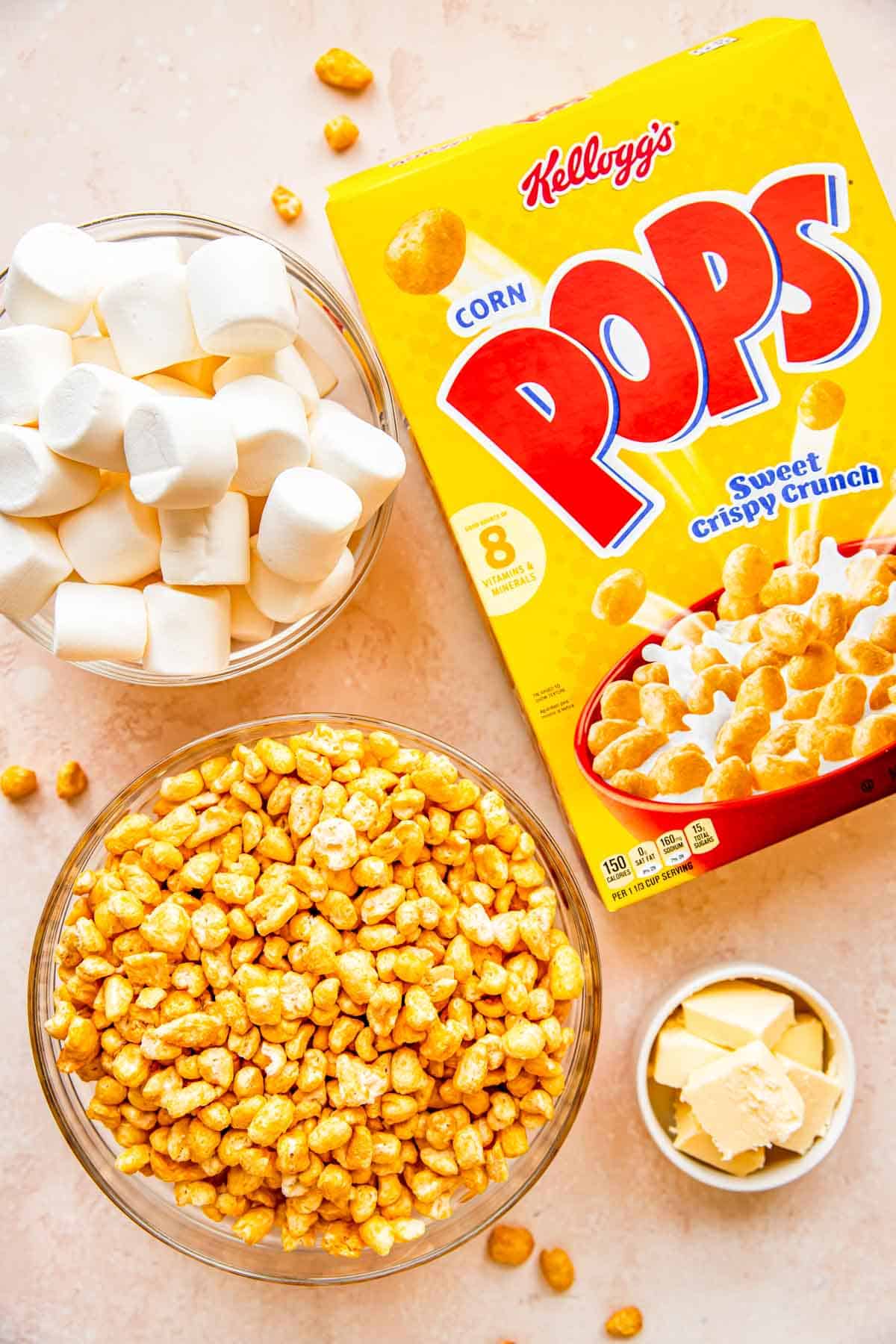 The ingredients for cereal bars are placed on a countertop. 