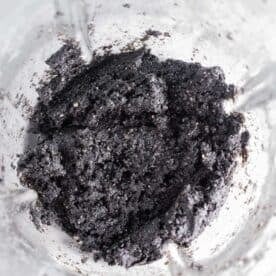 black sesame paste inside a glass blender jar