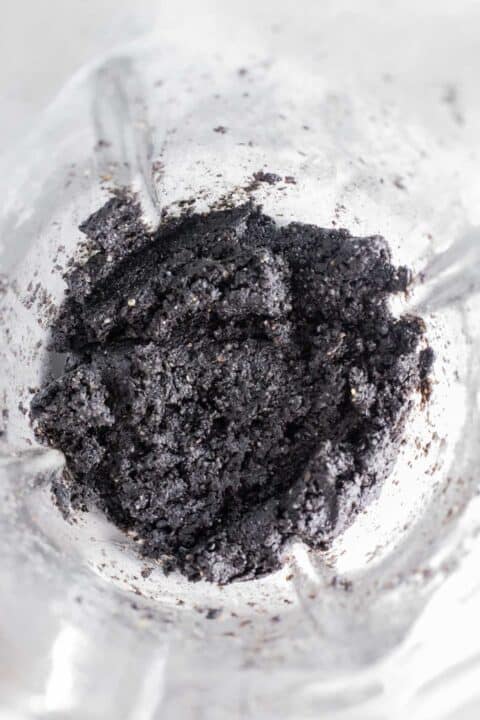 black sesame paste inside a glass blender jar