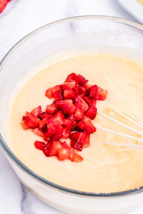 fresh chopped strawberries added into the donut batter