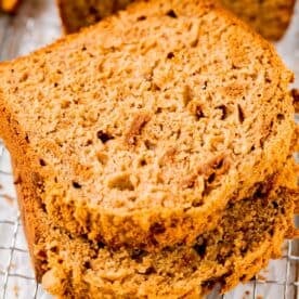 two slices of biscoff banana bread stacked on top of each other