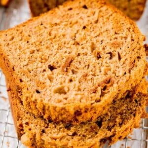 two slices of biscoff banana bread stacked on top of each other