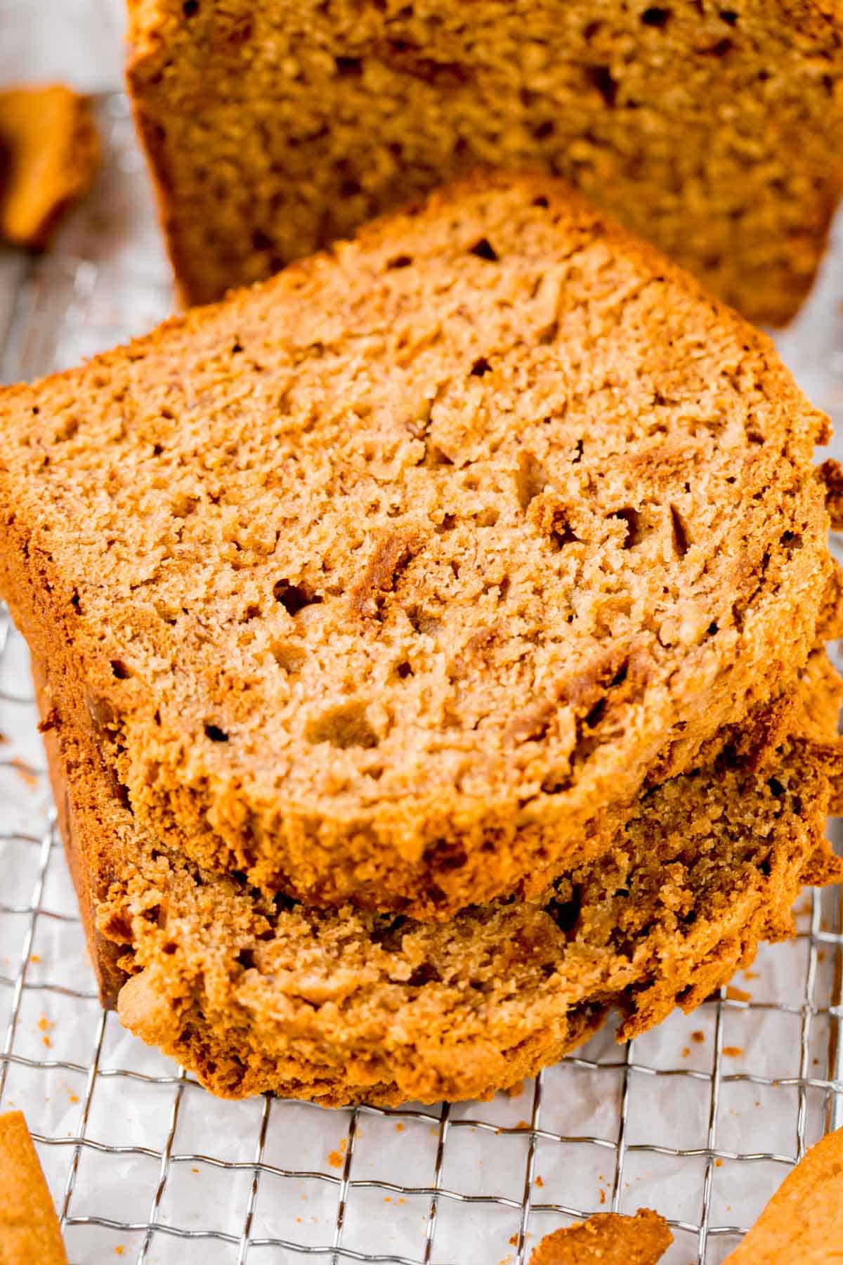 two slices of biscoff banana bread stacked on top of each other