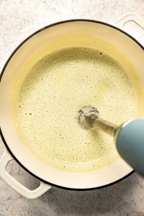 an immersion blender is blending in the dutch oven