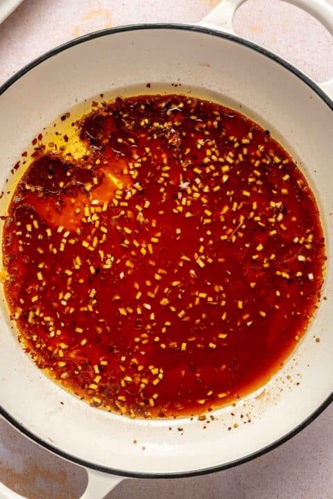 general tso's sauce in a large cast iron skillet
