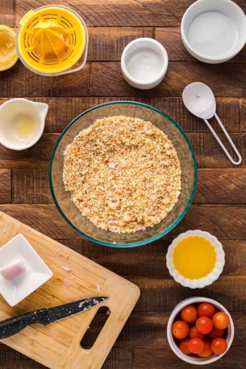 panko breadcrumbs and other ingredients in a shallow clear bowl