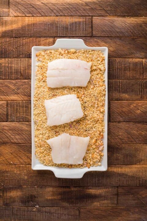 cod filets on top of panko breadcrumb mixture