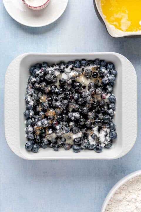 fresh blueberries tossed in sugar, butter, and vanilla in a white square baking dish