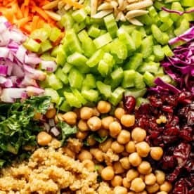 Chopped carrots, slivered almonds, celery, red onion, red cabbage, kale, dried cranberries, chickpeas, and quinoa arranged in sections.