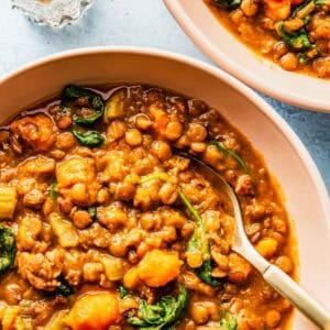 Close-up of two bowls filled with lentil stew containing carrots, spinach, celery, and a golden broth, with a spoon in one bowl. A salt shaker is visible in the background.