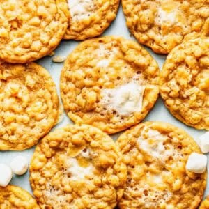 Golden cookies with crispy edges and melty marshmallows, arranged closely together with a few mini marshmallows scattered around.