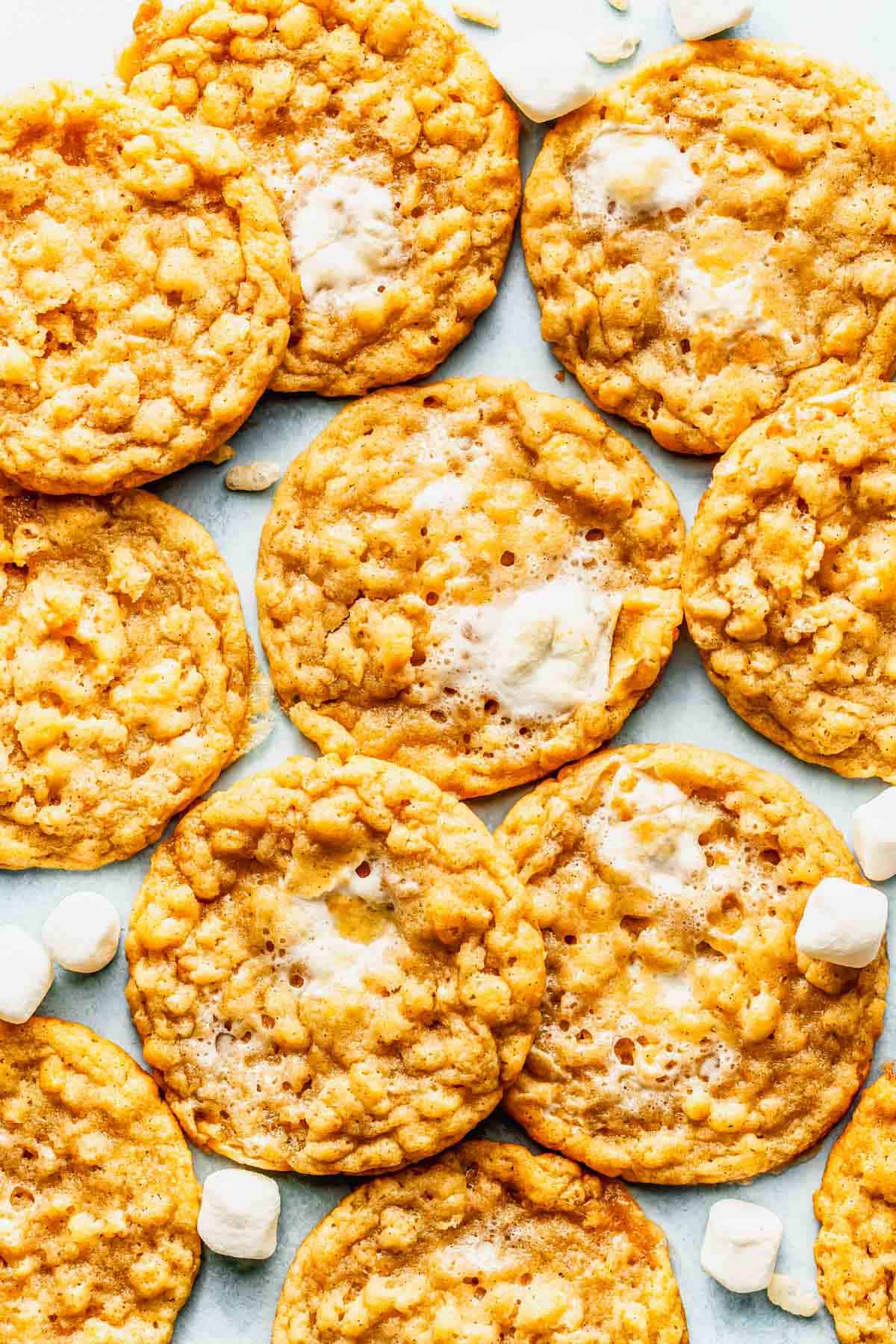 Golden cookies with crispy edges and melty marshmallows, arranged closely together with a few mini marshmallows scattered around.